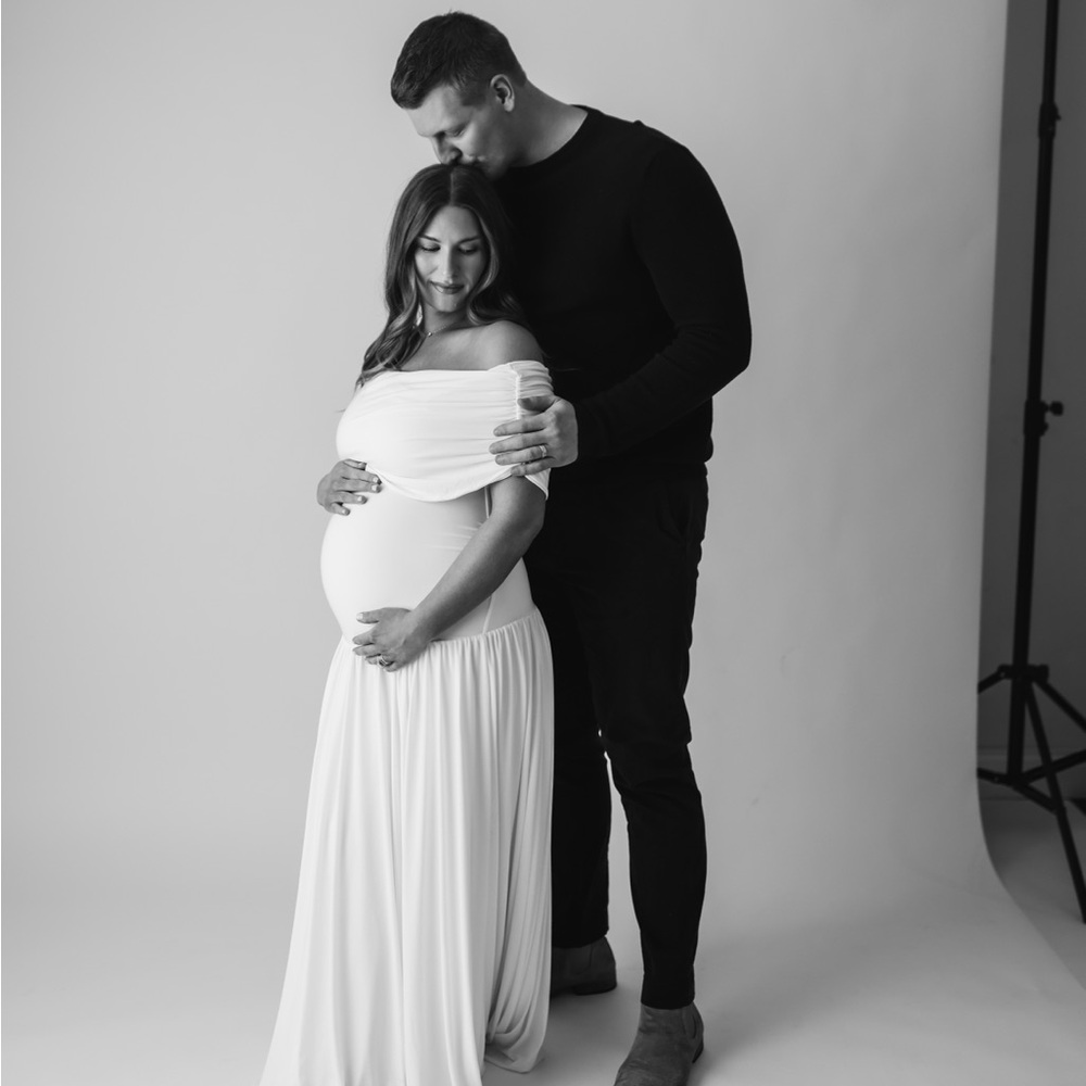 White Asymmetric-Neck Maternity Maxi Dress With Drop-Waist - Picture 9 of 9